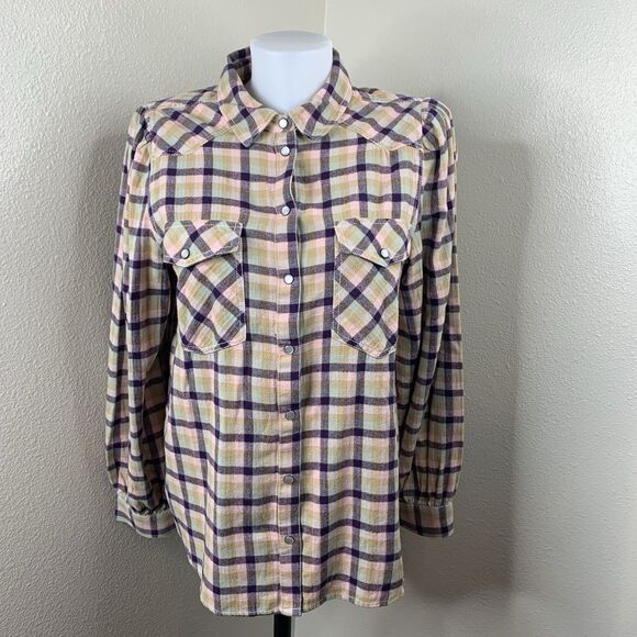 Sundance Pearl Snap Buttons Plaid L/S Shirt Purple Pink Puff Shoulder Sz M - Picture 2 of 7